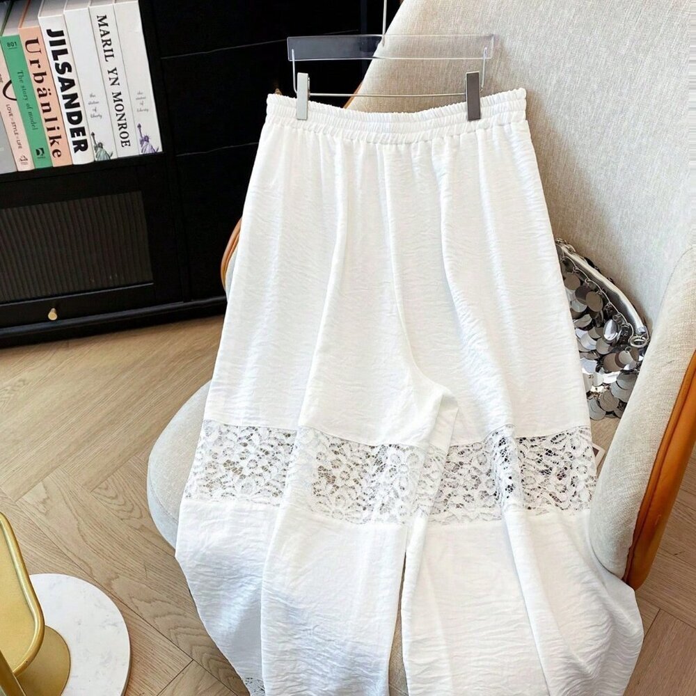 White Casual Women's Plus Size Lace Patchwork Loose Beach Pants